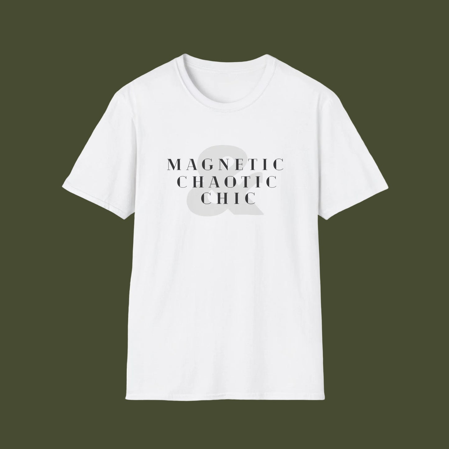 White t-shirt with forest design and 'Magnetic Chaotic Chic' text on a white background