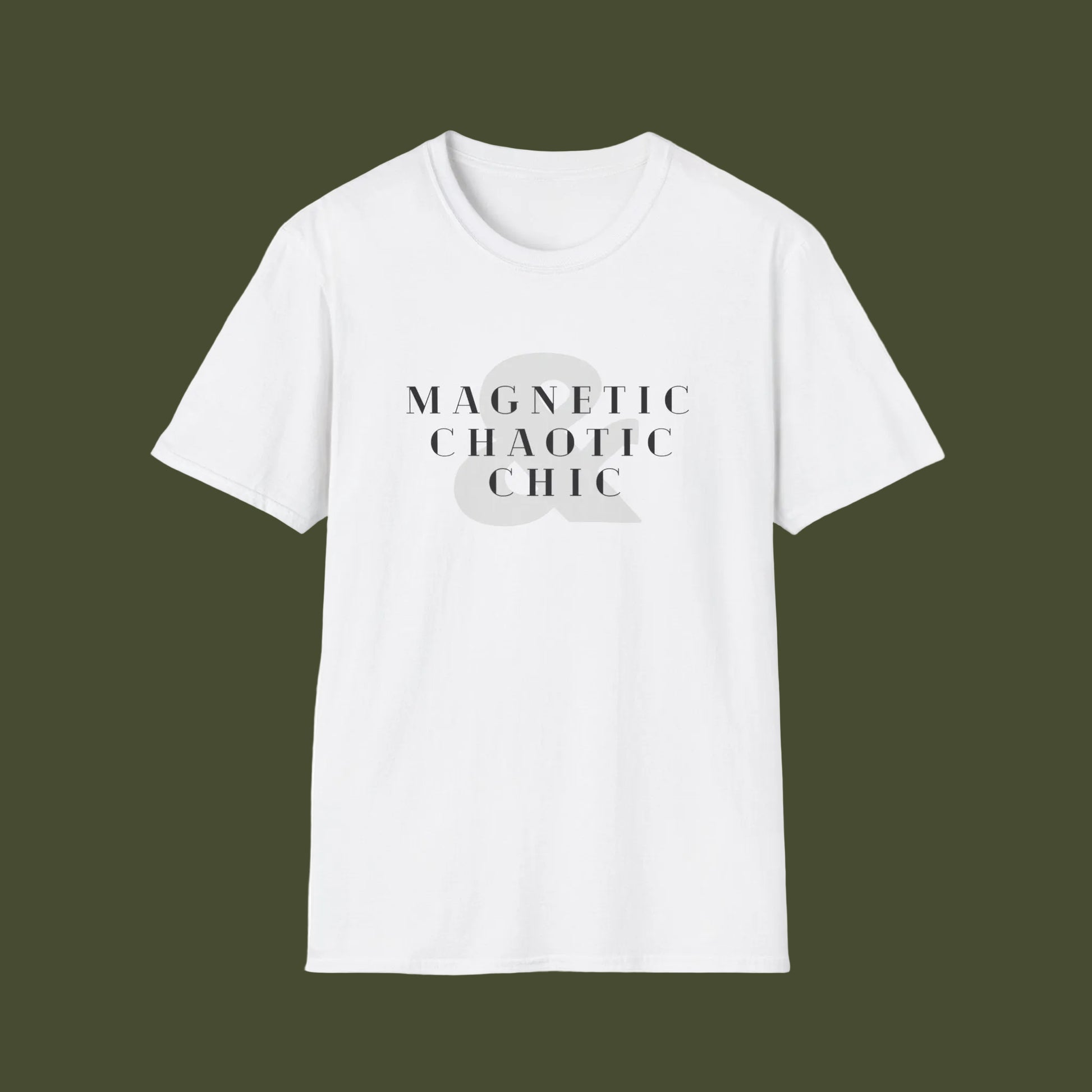 White t-shirt with forest design and 'Magnetic Chaotic Chic' text on a white background
