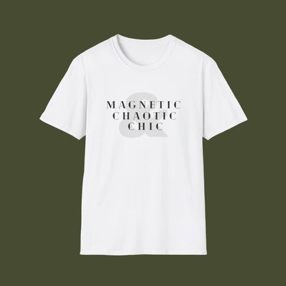 White t-shirt with forest design and 'Magnetic Chaotic Chic' text on a white background