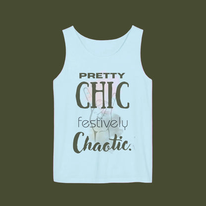 Light blue tank top with text 'Pretty chic festively chaotic´