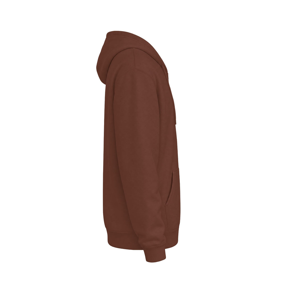 Sideview of A brown pullover hoodie shown from the back, featuring the words 'D'ACCORD CHIC' printed in white across the upper back.