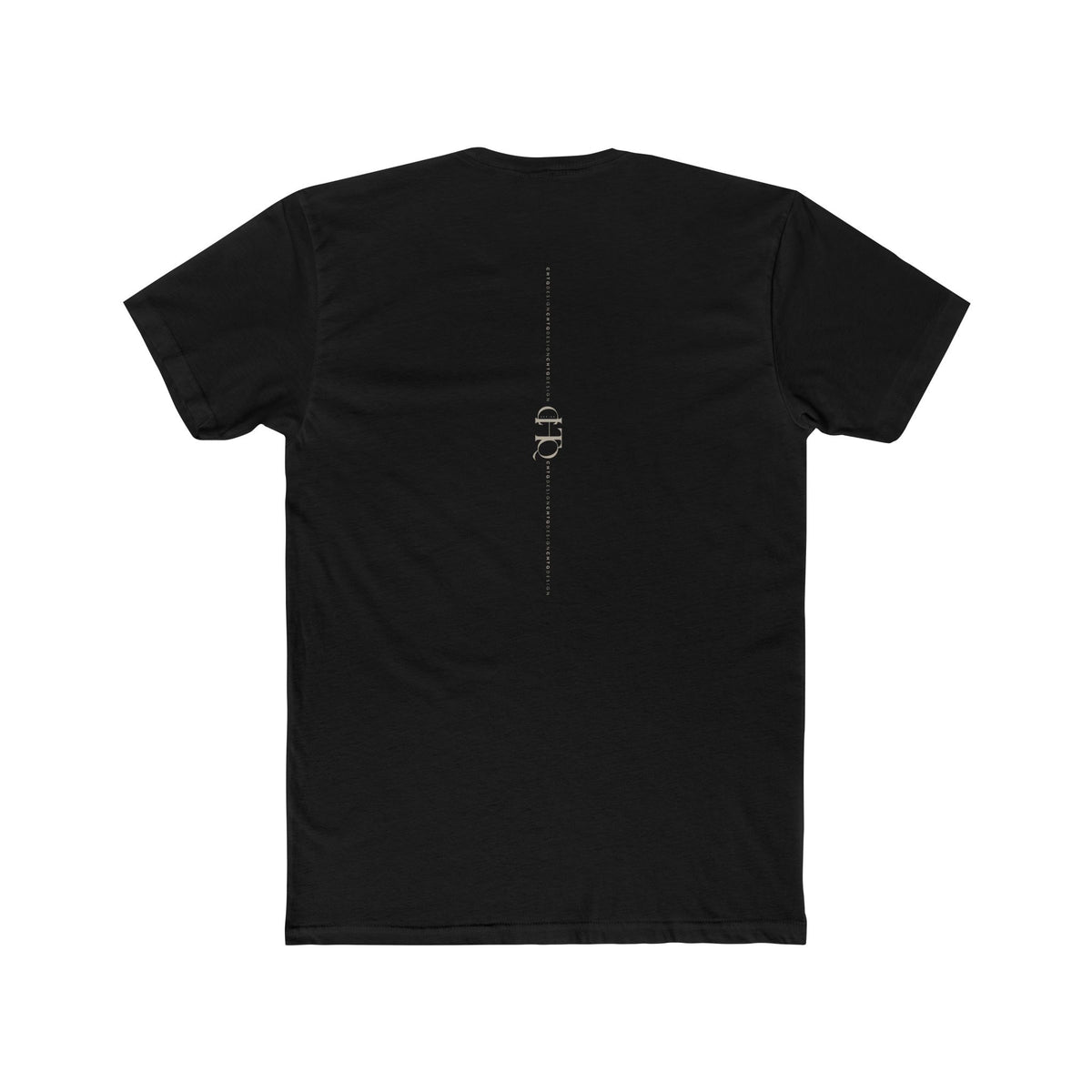 CHTQ Design black T-shirt with minimalist vertical CHTQ graphic running down the back