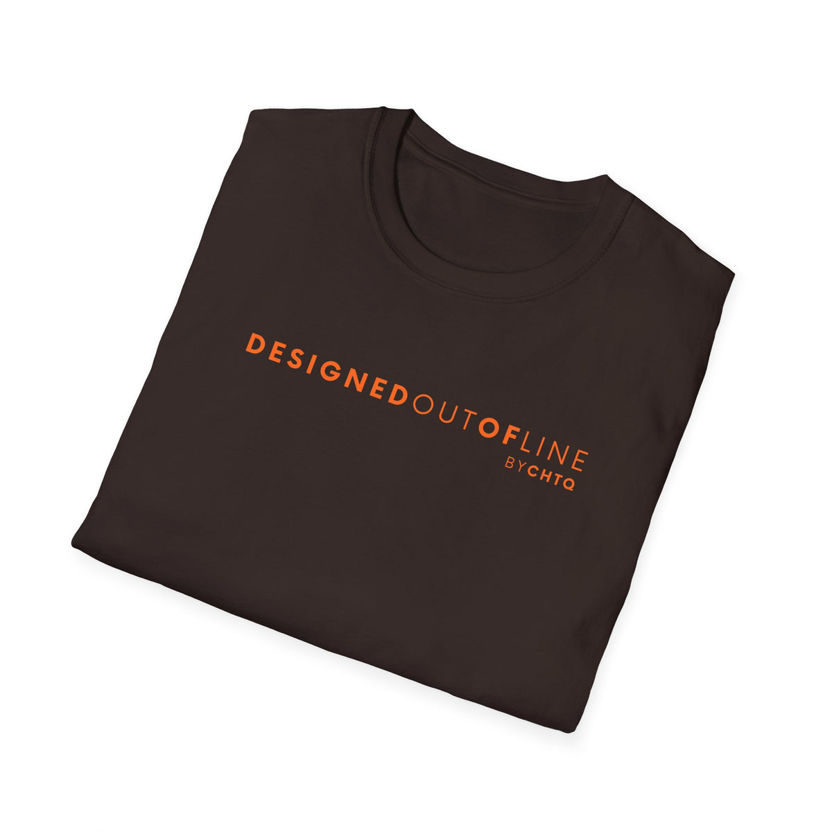 Brown short-sleeve T-shirt with “DESIGNED OUT OF LINE” and “BY CHTQ” printed on the front, displayed against a clean white background.