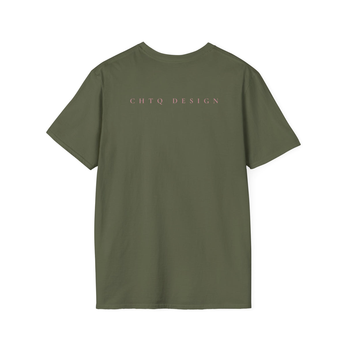 A green crewneck T-shirt from backwith pink “CHTQ DESIGN” and “MORE THAN A SHIRT, IT’S A MOVEMENT” text on the front, paired with black pants against a plain white background.