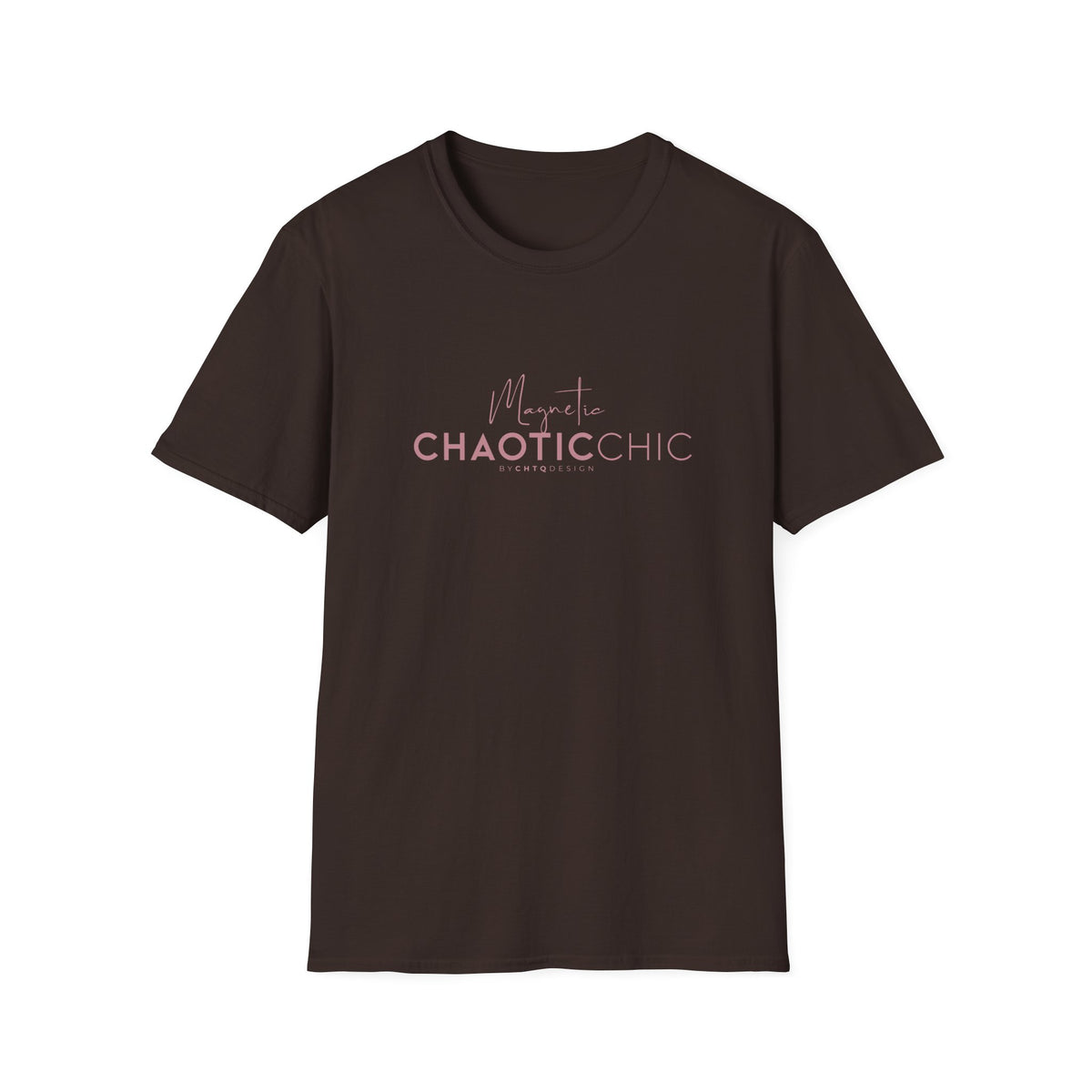 A dark brown short-sleeve graphic T-shirt with 'Magnetic Chaotic Chic' printed in pink across the chest, displayed against a plain white background.