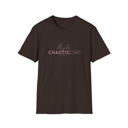 A dark brown short-sleeve graphic T-shirt with 'Magnetic Chaotic Chic' printed in pink across the chest, displayed against a plain white background.