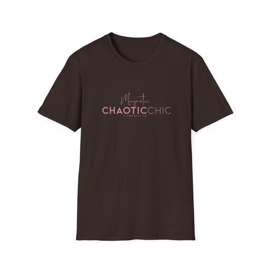 A dark brown short-sleeve graphic T-shirt with 'Magnetic Chaotic Chic' printed in pink across the chest, displayed against a plain white background.