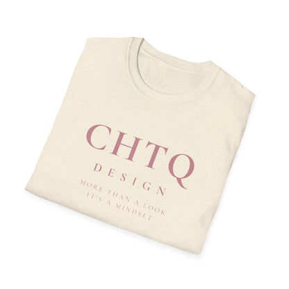 A folded cream-colored t-shirt with dusty pink text reading 'CHTQ DESIGN' and 'MORE THAN A LOOK IT'S A MINDSET' on a clean white background.