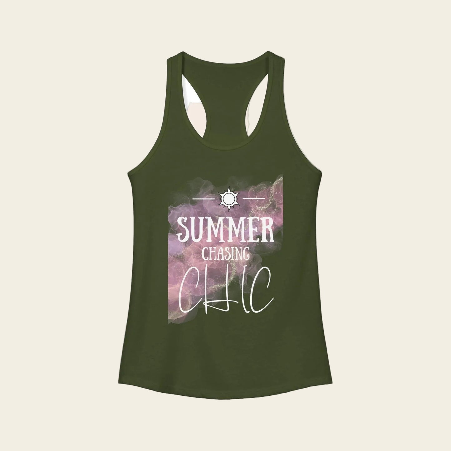 An olive green racerback tank top with a 'Summer Chasing Chic' graphic on the front, displayed against a solid white background.
