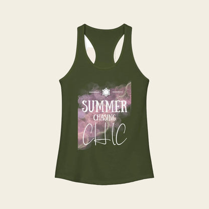 An olive green racerback tank top with a 'Summer Chasing Chic' graphic on the front, displayed against a solid white background.