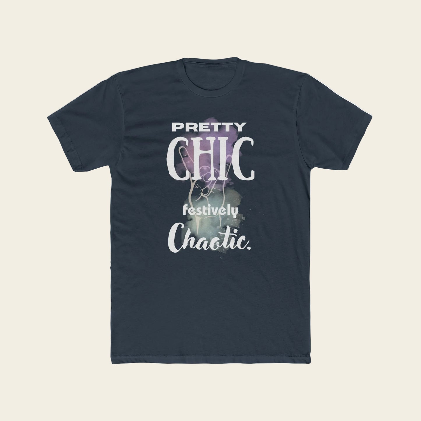 A dark navy blue short-sleeve t-shirt with a graphic print on the front. The print features the text 'PRETTY CHIC festively Chaotic.