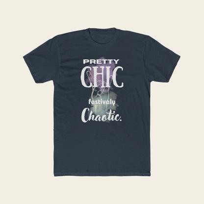 A dark navy blue short-sleeve t-shirt with a graphic print on the front. The print features the text 'PRETTY CHIC festively Chaotic.