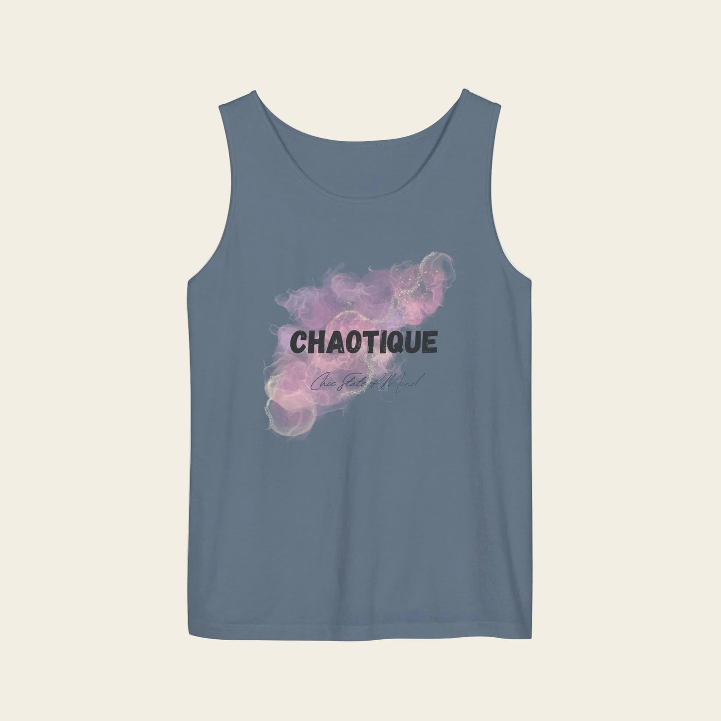 Blue jean color tank top with Chaotique  Chic state of mind text design