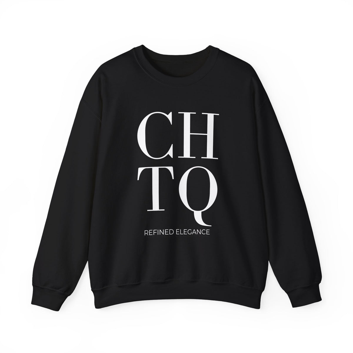 A black crewneck sweatshirt with long sleeves, featuring the letters 'CHTQ' in large white serif font and the phrase 'REFINED ELEGANCE' in smaller white text below, displayed on a clean white background.