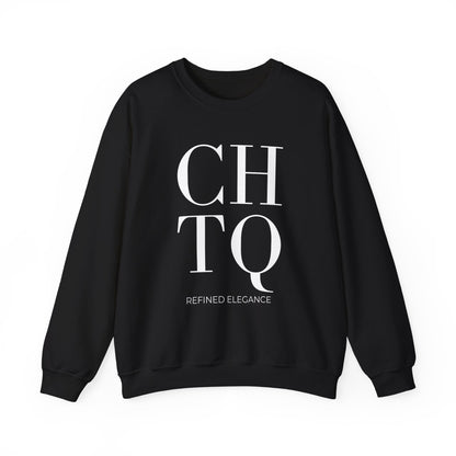 A black crewneck sweatshirt with long sleeves, featuring the letters 'CHTQ' in large white serif font and the phrase 'REFINED ELEGANCE' in smaller white text below, displayed on a clean white background.
