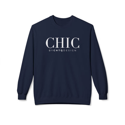 Navy CHIC by CHTQ Design crewneck sweatshirt with white typography on the front.