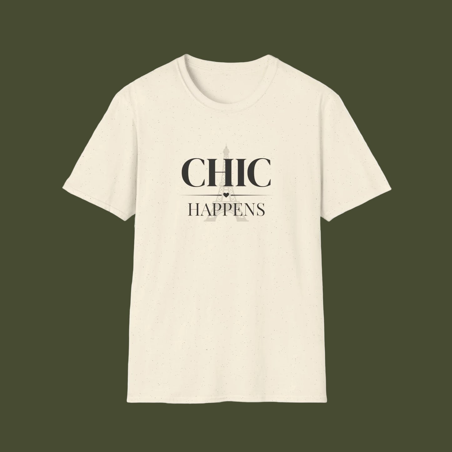 Beige t-shirt with 'CHIC HAPPENS' text