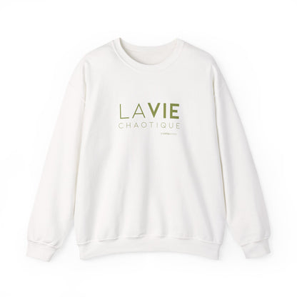 An off-white crewneck sweatshirt with “LA VIE CHAOTIQUE” printed in olive green and “BY CHTQ DESIGN” beneath the graphic, displayed against a clean white background.