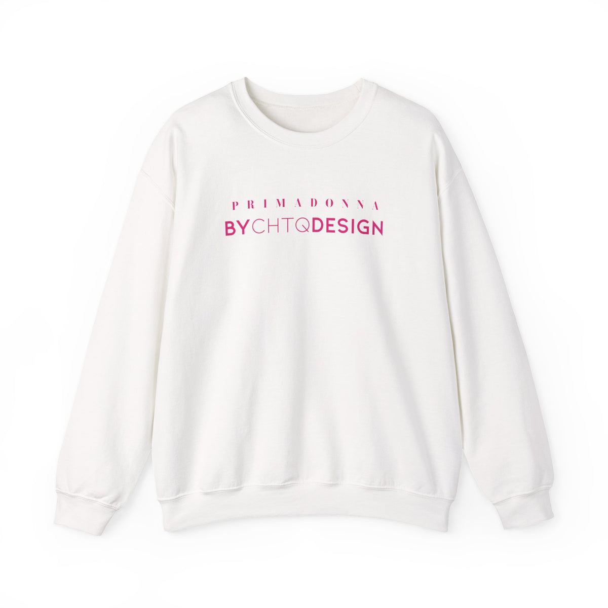 An off-white crewneck sweatshirt featuring pink “PRIMADONNA BY CHTQ DESIGN” text across the chest, displayed against a clean white background.