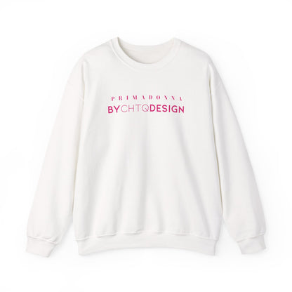 An off-white crewneck sweatshirt featuring pink “PRIMADONNA BY CHTQ DESIGN” text across the chest, displayed against a clean white background.