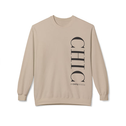 A beige crewneck sweatshirt with a large vertical black 'CHIC' graphic and smaller 'BY CHTQ DESIGN' text on the front, displayed against a plain white background.