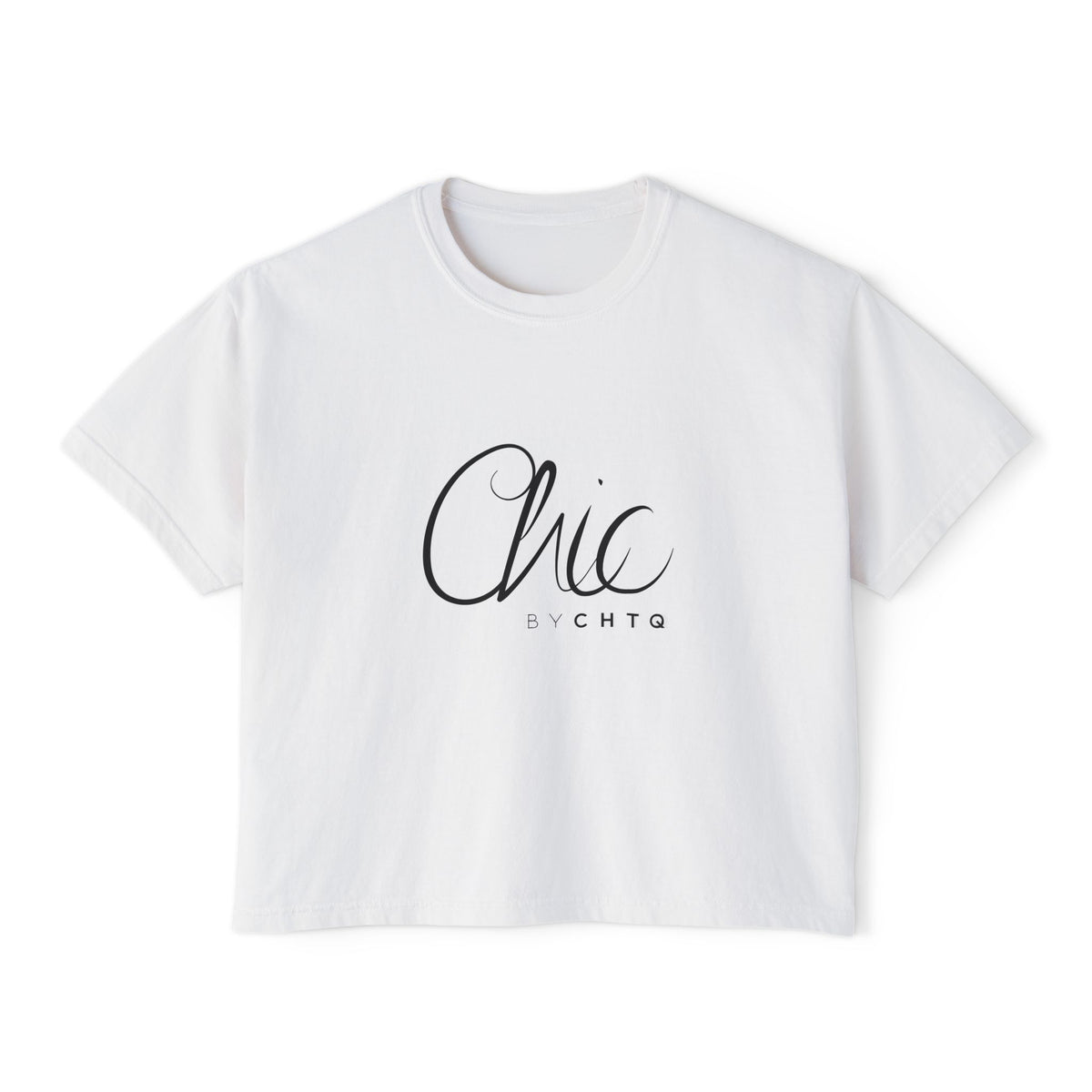 A white cropped boxy T-shirt featuring a black graphic print reading “Chic BY CHTQ” in elegant script and minimalist sans-serif lettering, displayed against a clean white background.