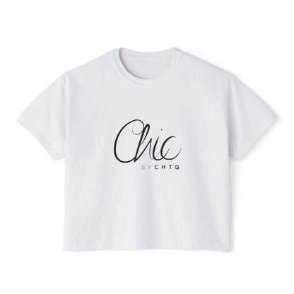 A white cropped boxy T-shirt featuring a black graphic print reading “Chic BY CHTQ” in elegant script and minimalist sans-serif lettering, displayed against a clean white background.