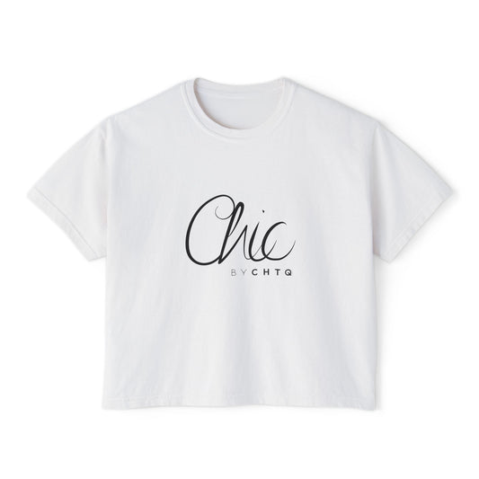 A white cropped boxy T-shirt featuring a black graphic print reading “Chic BY CHTQ” in elegant script and minimalist sans-serif lettering, displayed against a clean white background.