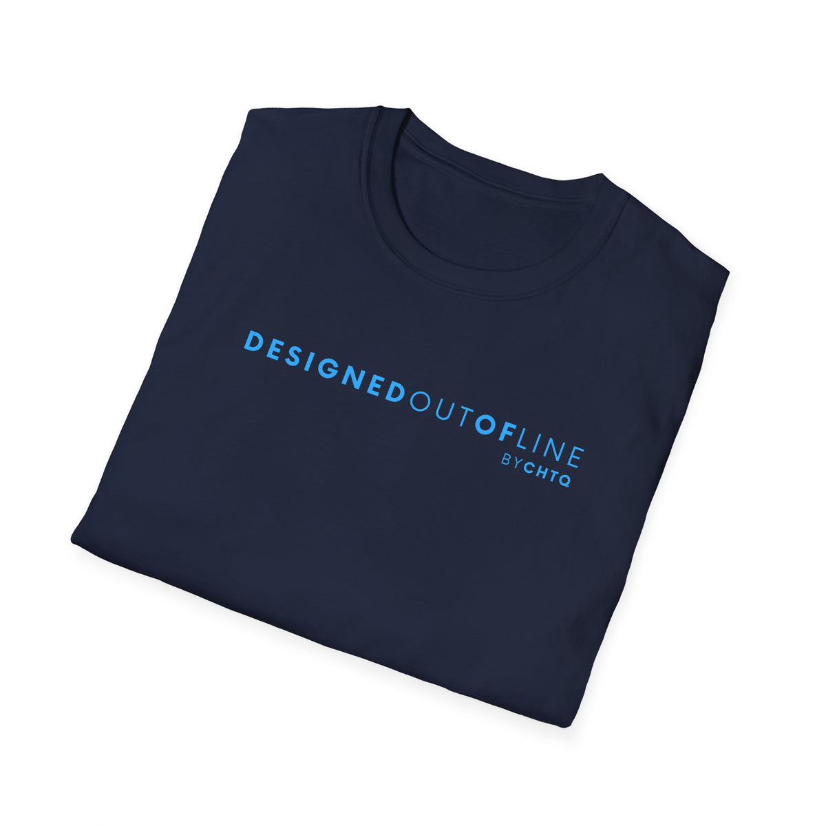 A navy blue short-sleeve crewneck T-shirt with “DESIGNED OUT OF LINE” and “BY CHTQ” printed in blue across the chest, displayed on a clean white background.