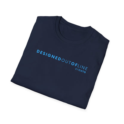 A navy blue short-sleeve crewneck T-shirt with “DESIGNED OUT OF LINE” and “BY CHTQ” printed in blue across the chest, displayed on a clean white background.