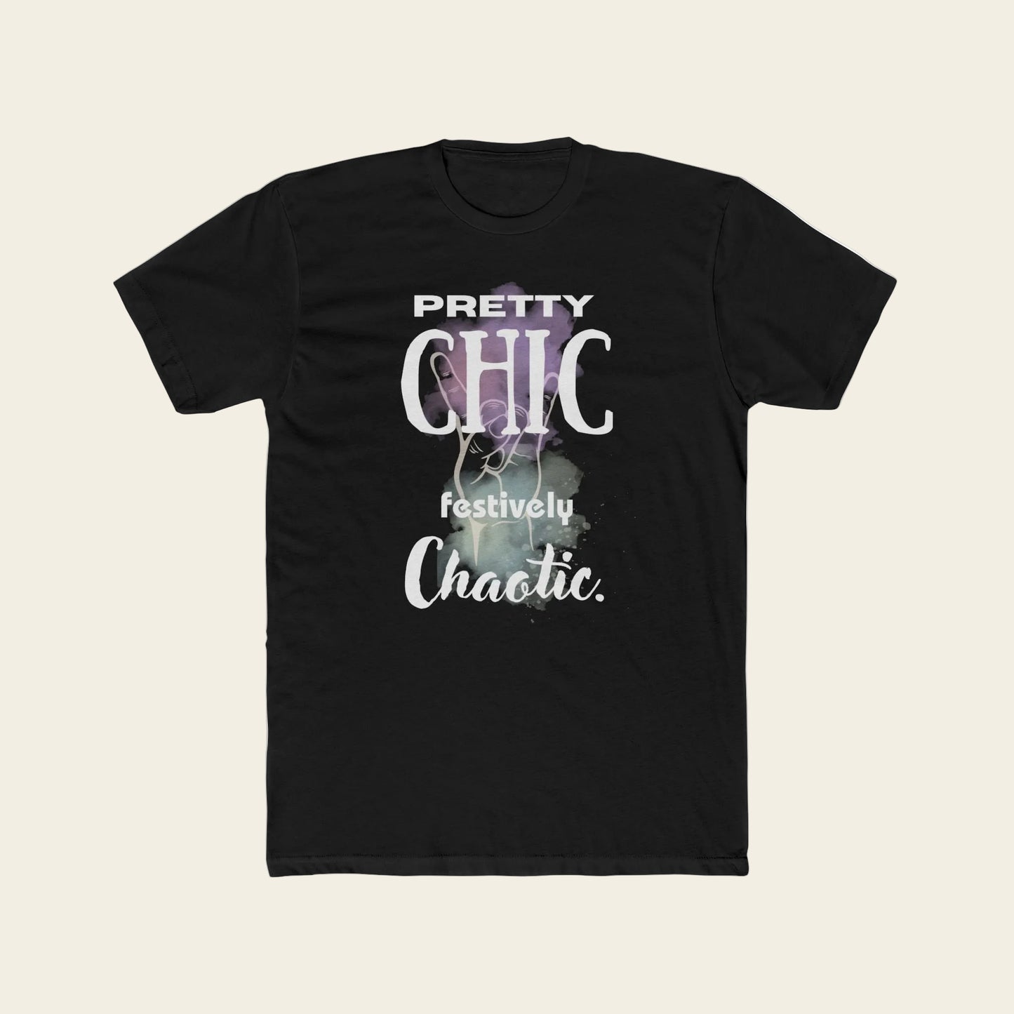 A black short-sleeve crewneck t-shirt with a graphic print on the front. The text reads 'PRETTY CHIC festively Chaotic.