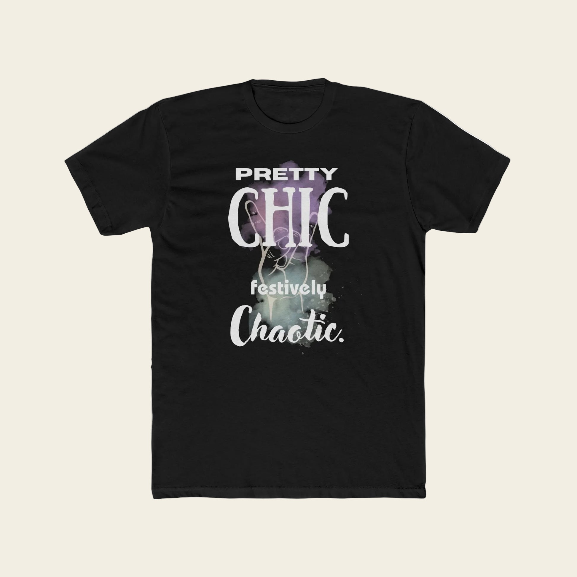 A black short-sleeve crewneck t-shirt with a graphic print on the front. The text reads 'PRETTY CHIC festively Chaotic.
