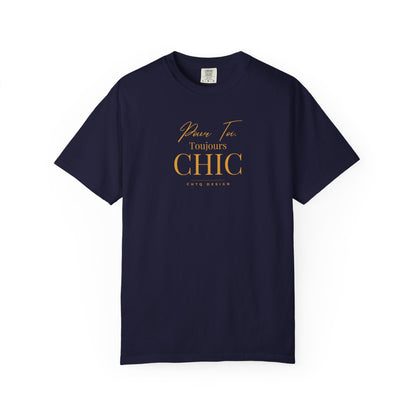 A navy CHTQ Design T-shirt with gold “Pour Toi. Toujours CHIC” typography on the front.