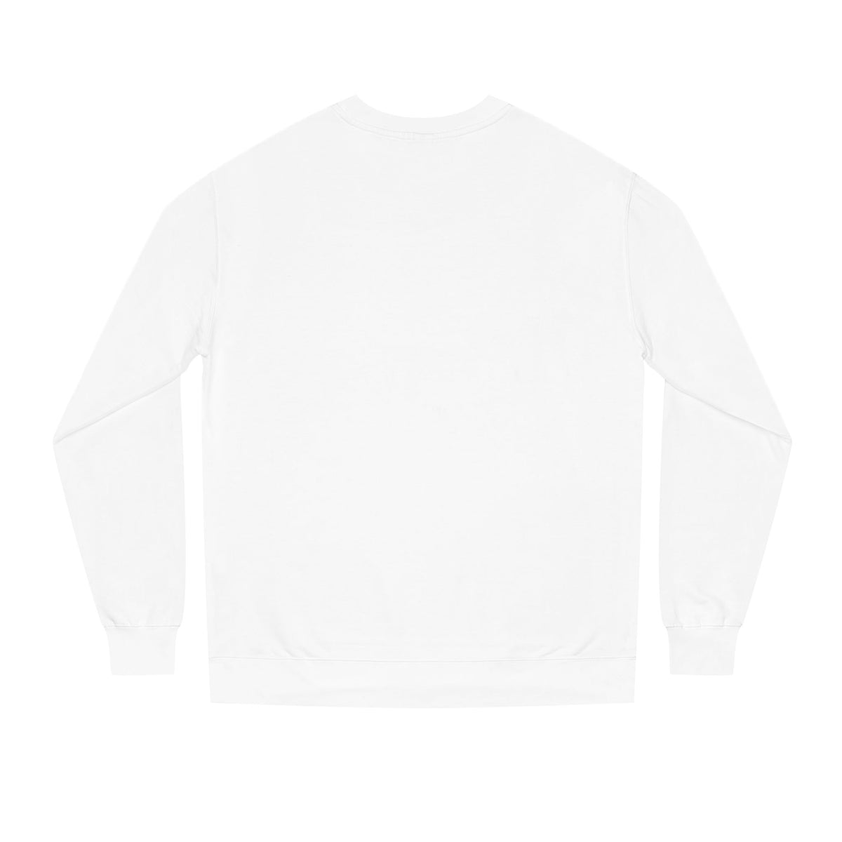 Backview of White D’Accord BEAU men's crewneck sweatshirt with dark navy typography and CHTQ Design logo on the front.