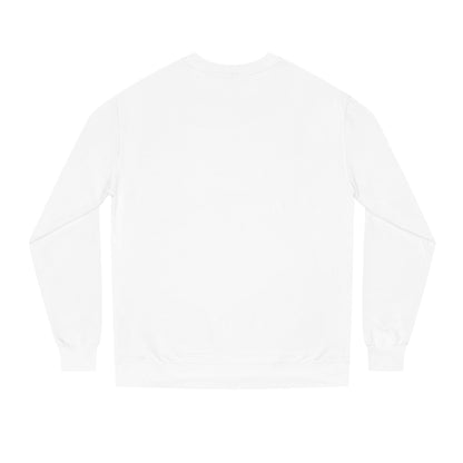 Backview of White D’Accord BEAU men's crewneck sweatshirt with dark navy typography and CHTQ Design logo on the front.