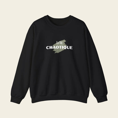 Black sweatshirt with 'La Vie Chaotique' text on a white background