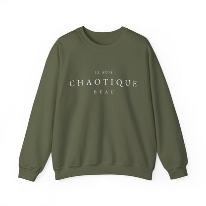  green crewneck sweatshirt with the text 'JE SUIS CHAOTIQUE BEAU' printed in white across the chest