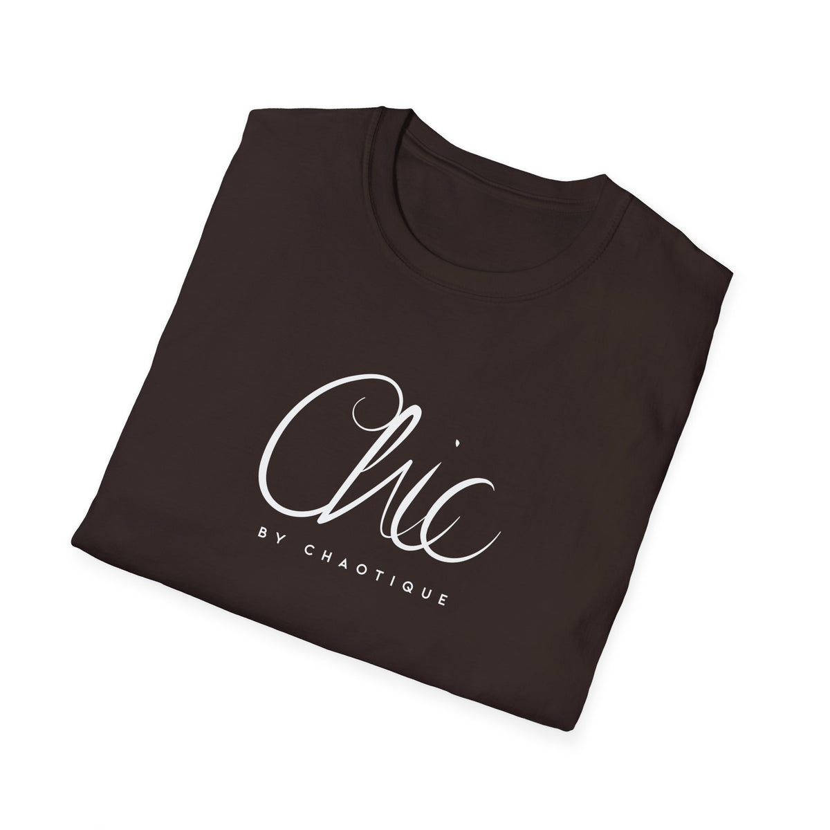 Folded Chic by Chaotique graphic T-shirt in dark chocolate brown featuring minimalist white Chic typography.