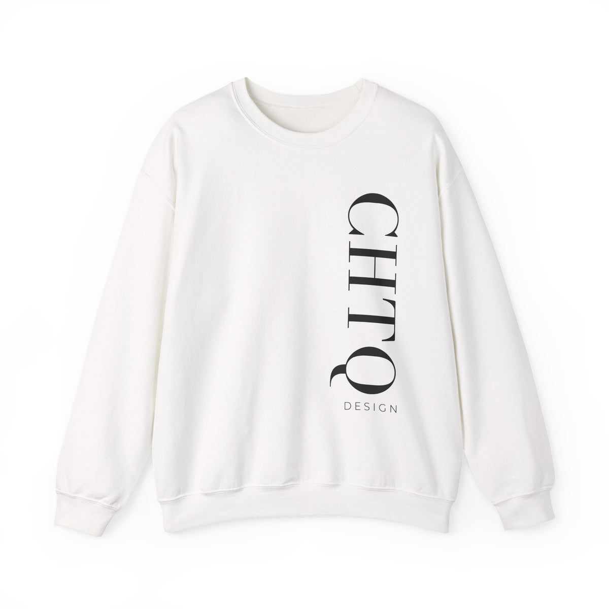 A white blue crewneck sweatshirt with a vertical black CHTQ DESIGN graphic on the front, displayed against a clean white background.