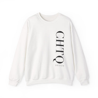 A white blue crewneck sweatshirt with a vertical black CHTQ DESIGN graphic on the front, displayed against a clean white background.