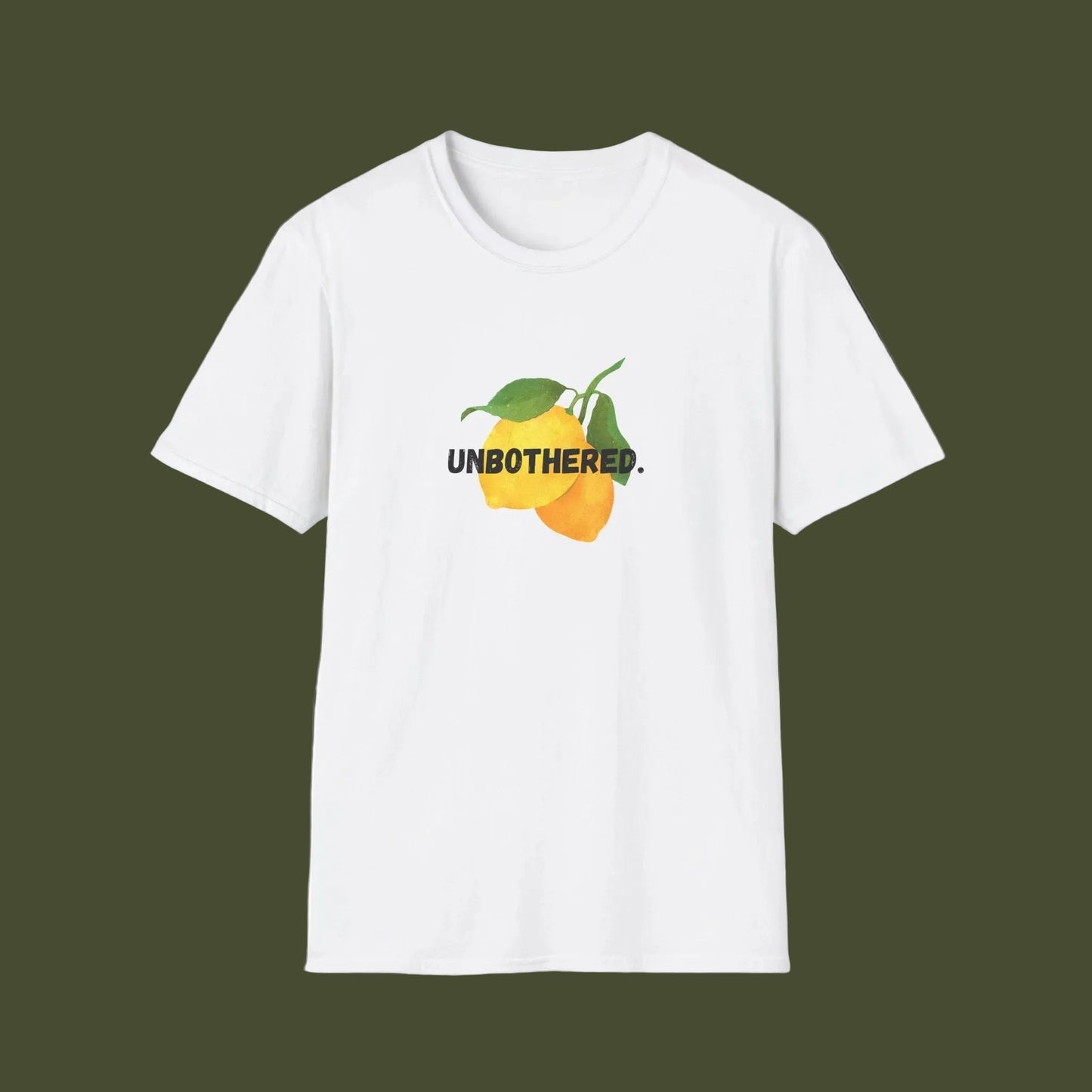 White t-shirt with a lemon graphic and 'UNBOtherED' text on a white background