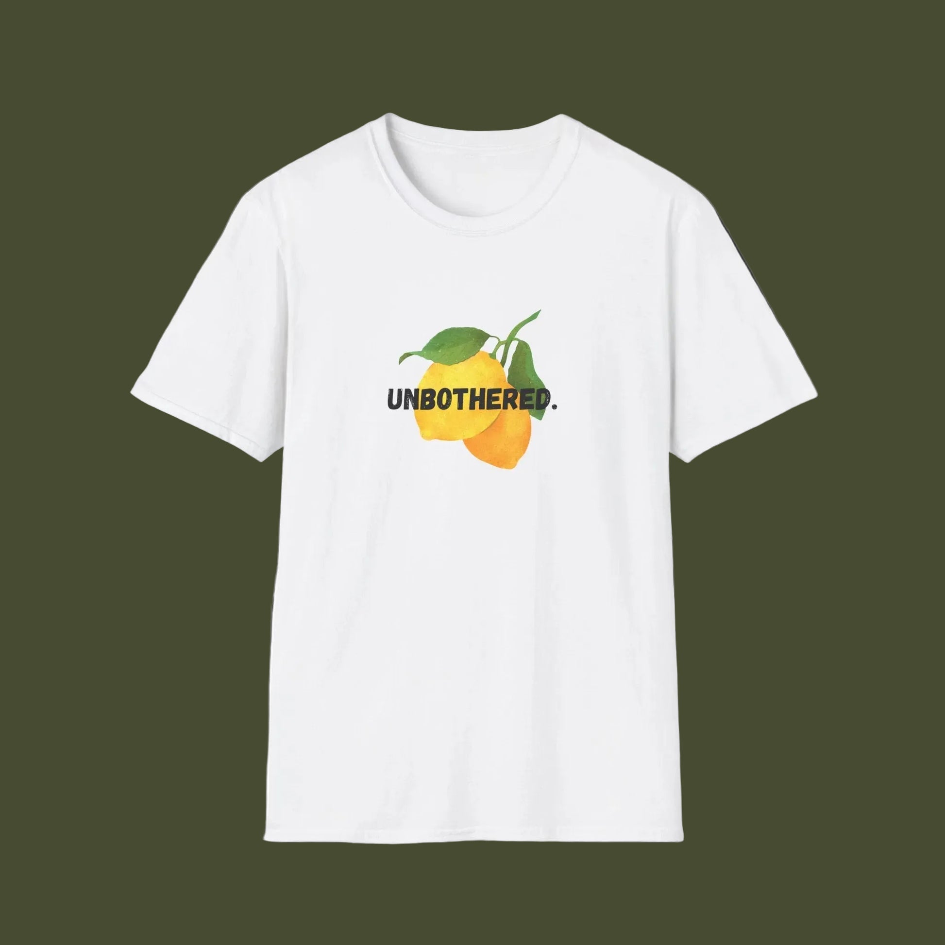 White t-shirt with a lemon graphic and 'UNBOtherED' text on a white background
