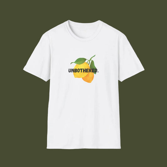White t-shirt with a lemon graphic and 'UNBOtherED' text on a white background