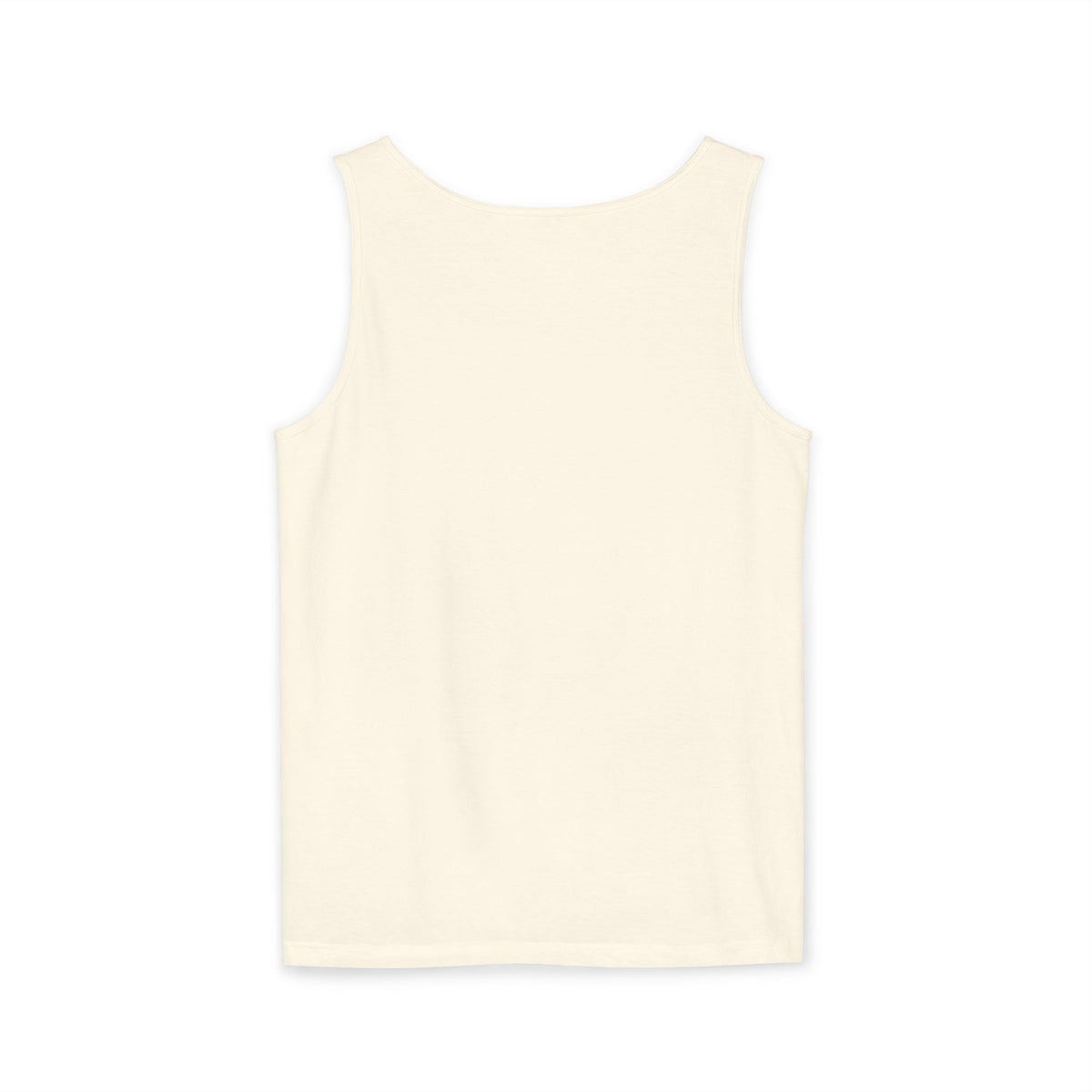 Back view of CHARME CHIC garment-dyed tank top in ivory with black CHTQ Design typography