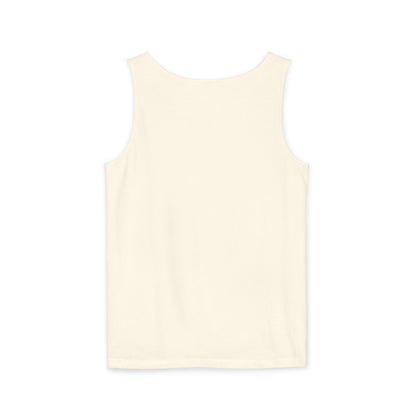 Back view of CHARME CHIC garment-dyed tank top in ivory with black CHTQ Design typography