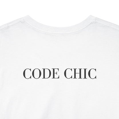 Close-up of a white crewneck t-shirt with the words 'CODE CHIC' printed in black serif capital letters across the chest.