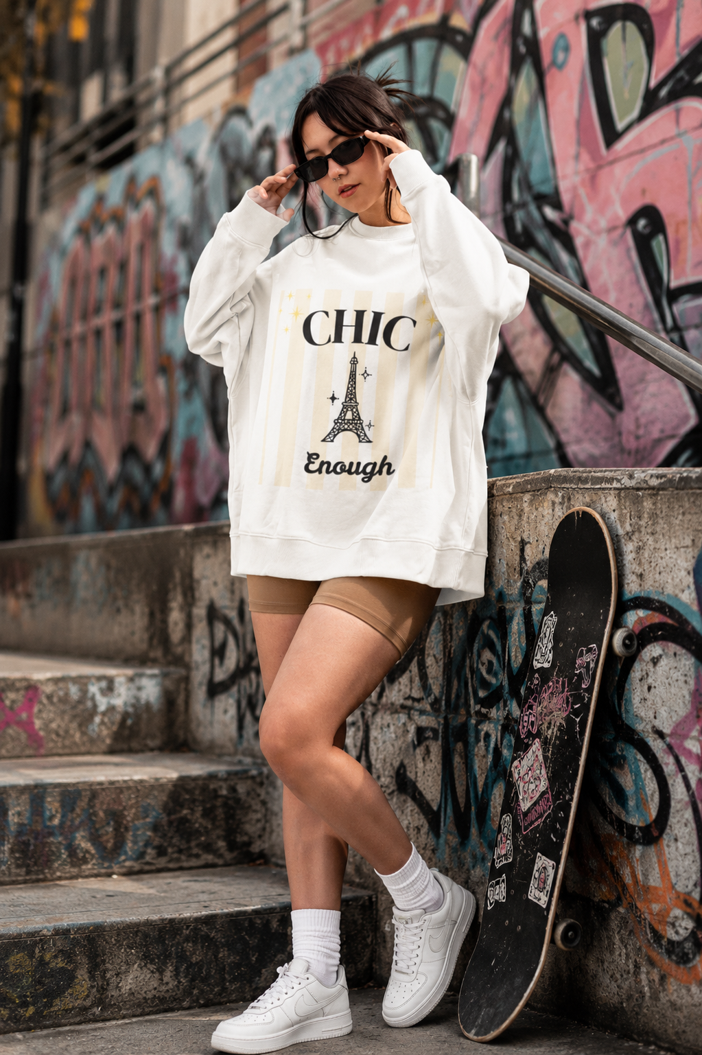 Person wearing a white sweatshirt with text and graphics, standing next to a skateboard against a graffiti-covered wall.