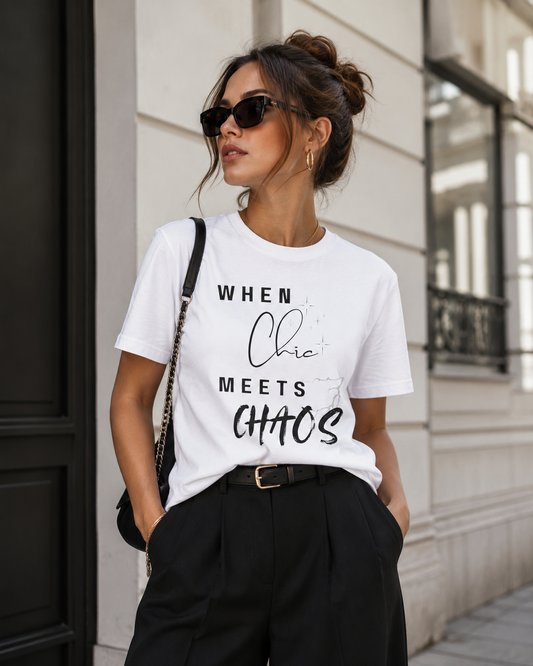 A woman wearing a white graphic t-shirt with the text 'WHEN Chic MEETS CHAOS' in black, styled with black pants, sunglasses, and a crossbody bag, standing outdoors against a light-colored building wall.