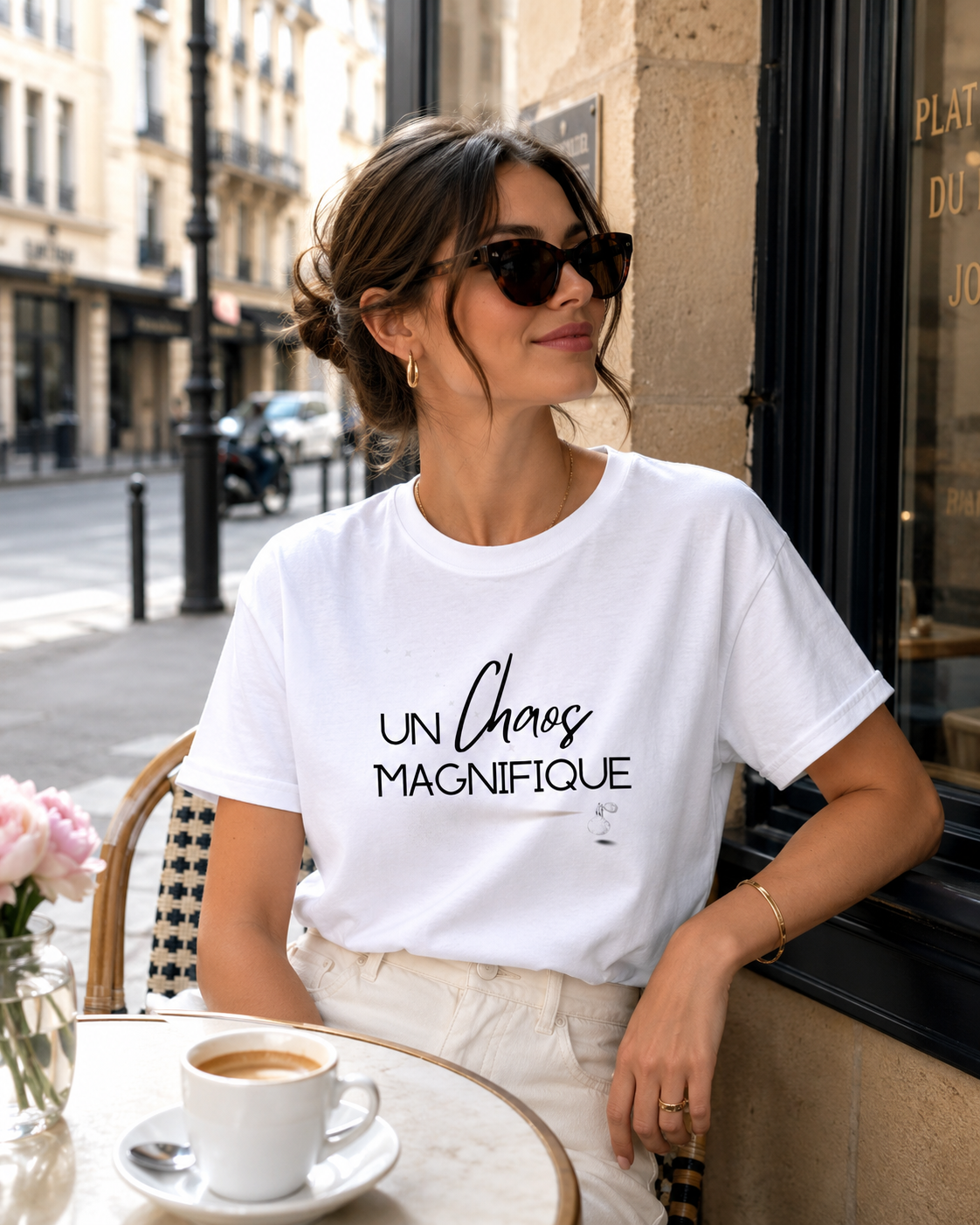 A woman wearing a white graphic t-shirt with the French text 'UN Chaos MAGNIFIQUE' in black script, sitting at an outdoor cafe table with a coffee cup in front of her.