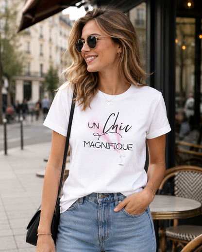 Woman wearing white t-shirt with text 'UN Chic Magnifique'